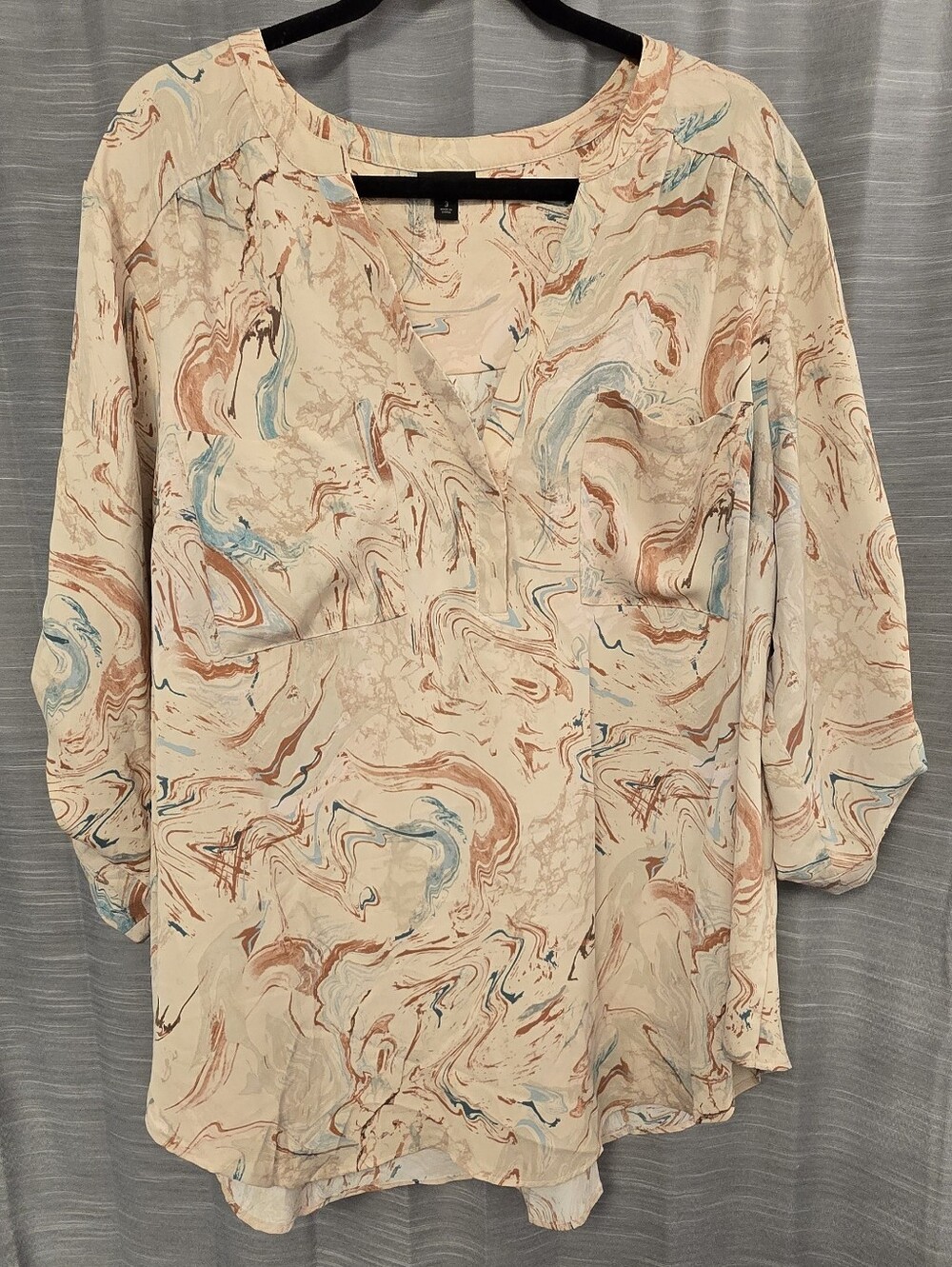 torrid Marble-Print V-Neck Blouse in Cream with Blue & Peach Swirls